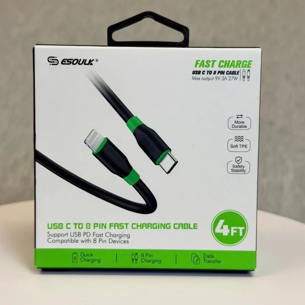 ESOULK USB C to 8 Pin Fast Charging Cable 4FT Black TPE EC33P-CL-BK